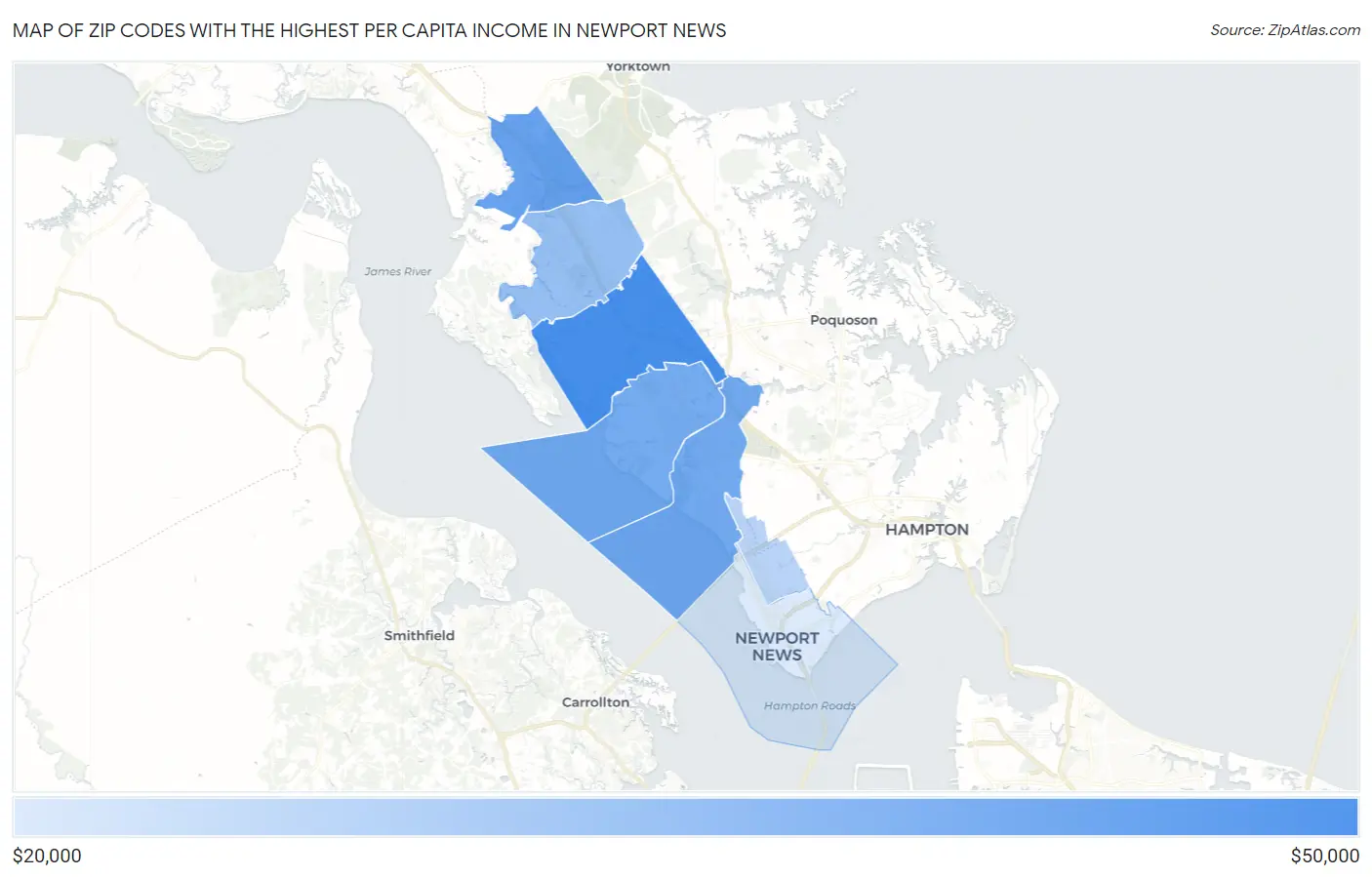 Zip Codes with the Highest Per Capita Income in Newport News Map
