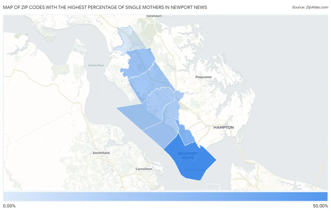 Zip Codes with the Highest Percentage of Single Mothers in Newport News Map