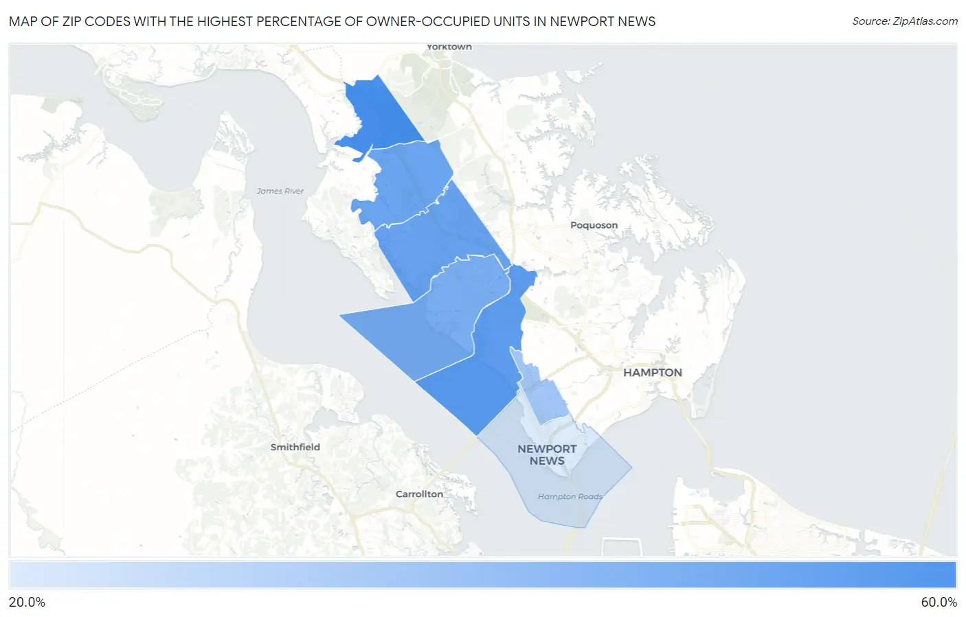 Zip Codes with the Highest Percentage of Owner-Occupied Units in Newport News Map