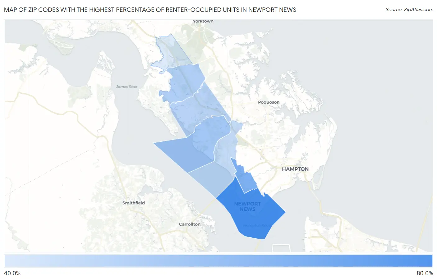 Zip Codes with the Highest Percentage of Renter-Occupied Units in Newport News Map
