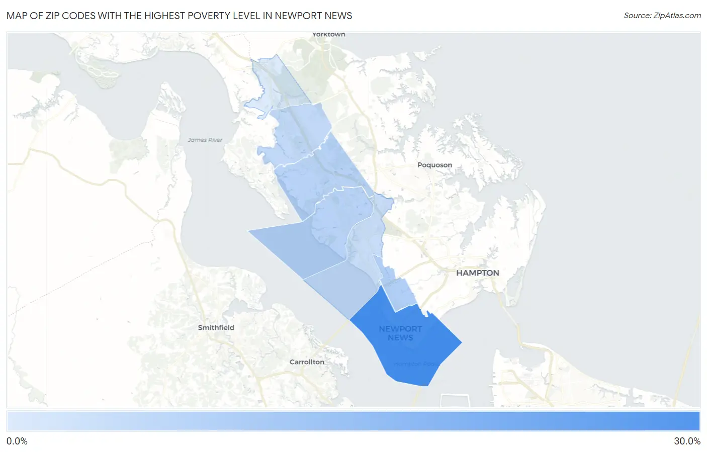 Zip Codes with the Highest Poverty Level in Newport News Map