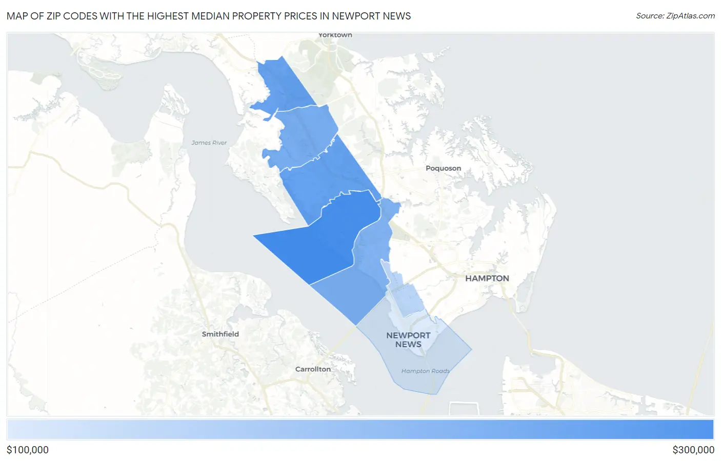 Zip Codes with the Highest Median Property Prices in Newport News Map