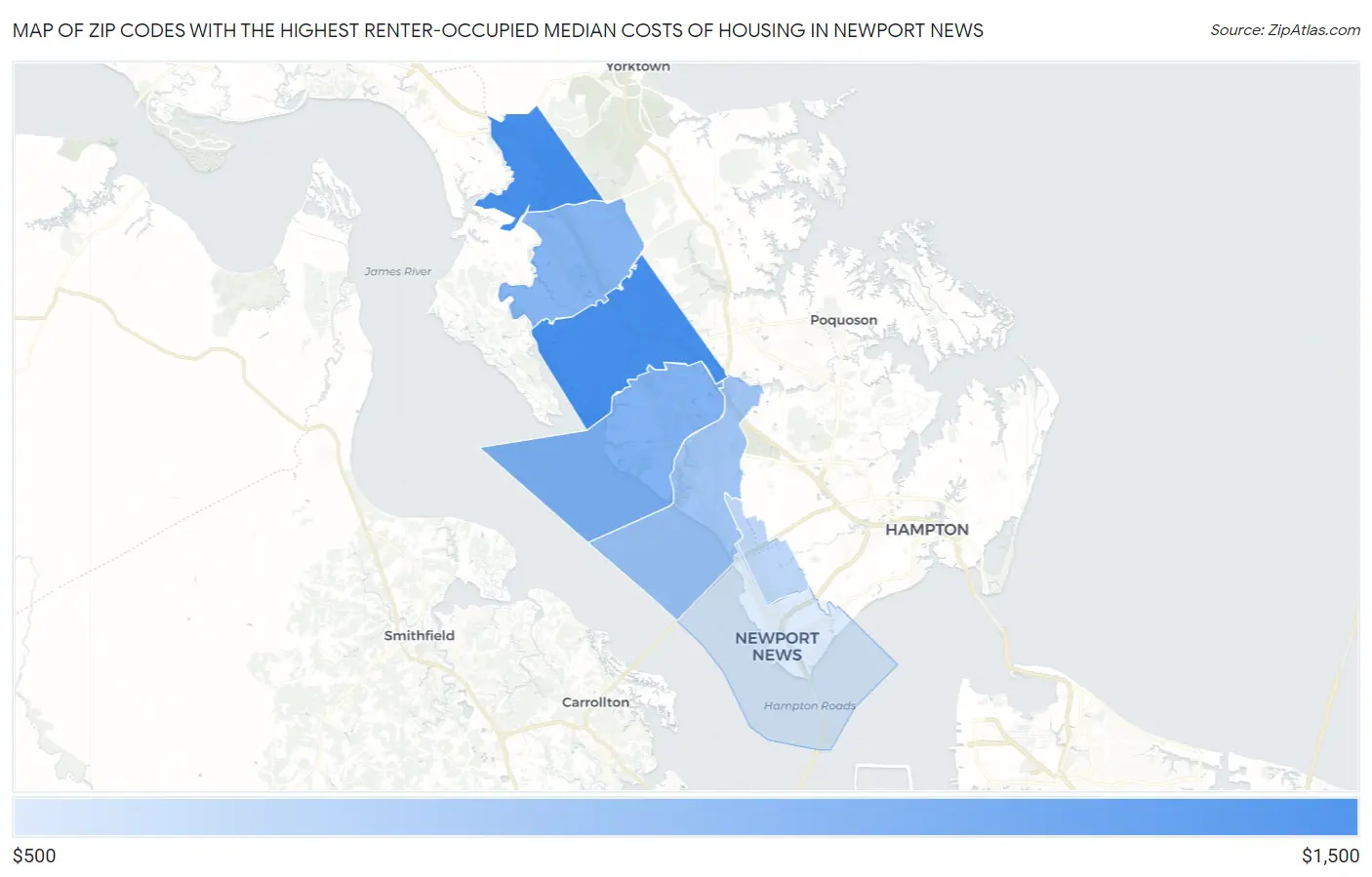 Zip Codes with the Highest Renter-Occupied Median Costs of Housing in Newport News Map