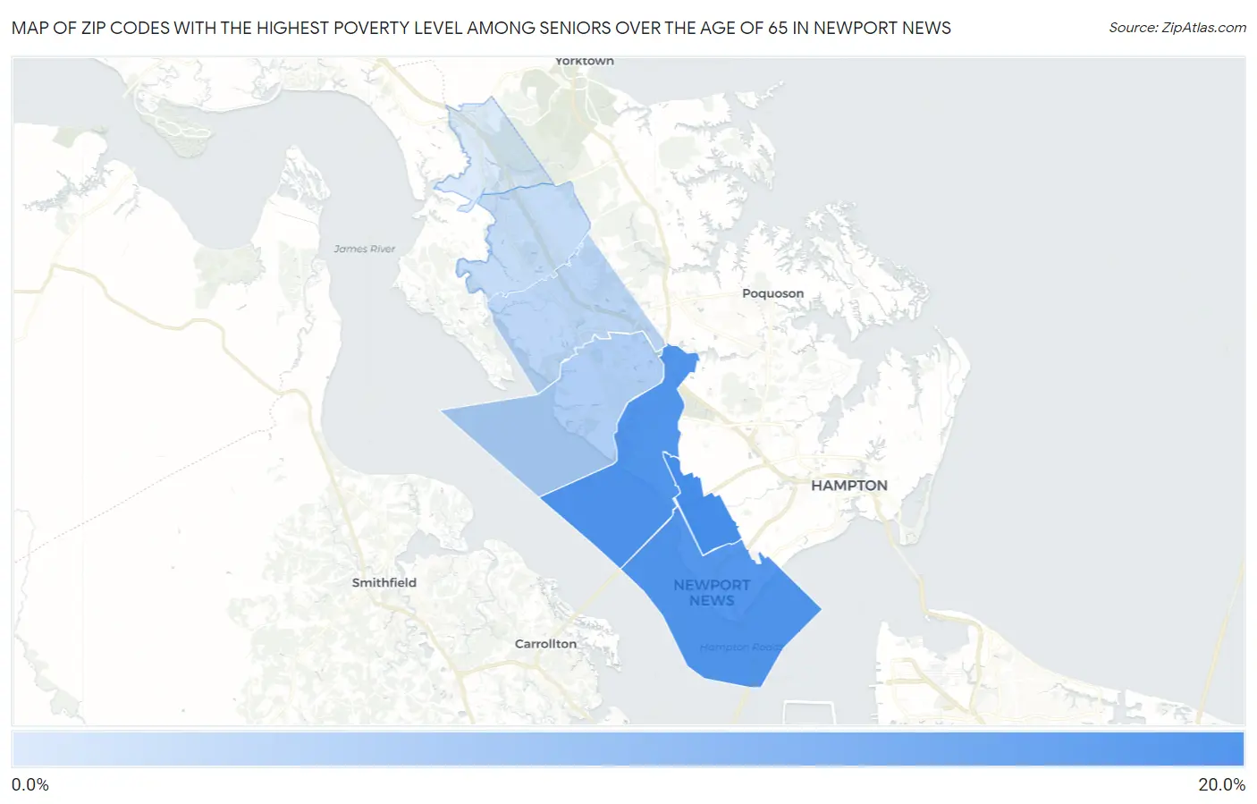 Zip Codes with the Highest Poverty Level Among Seniors Over the Age of 65 in Newport News Map