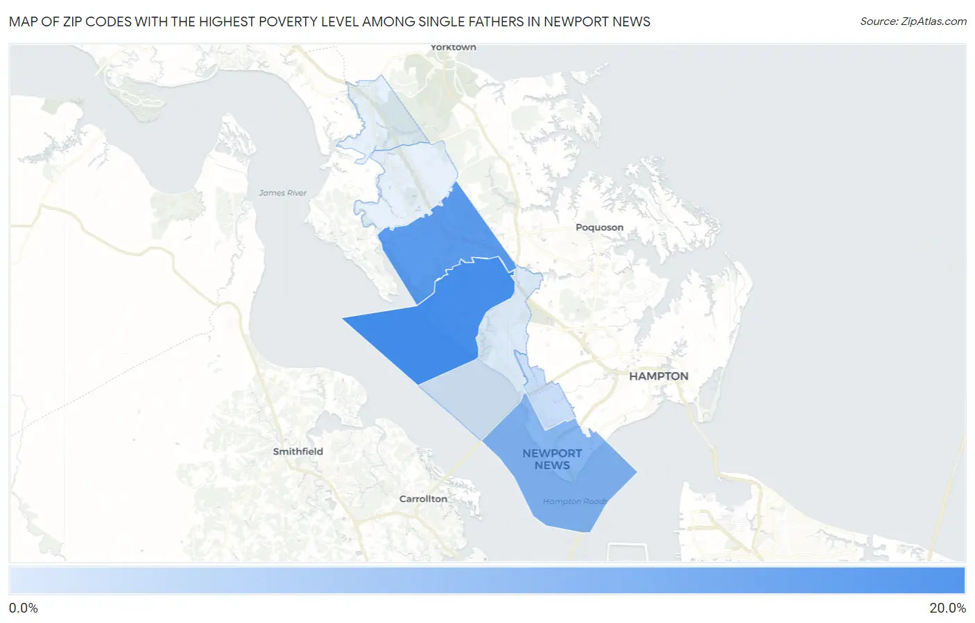 Zip Codes with the Highest Poverty Level Among Single Fathers in Newport News Map