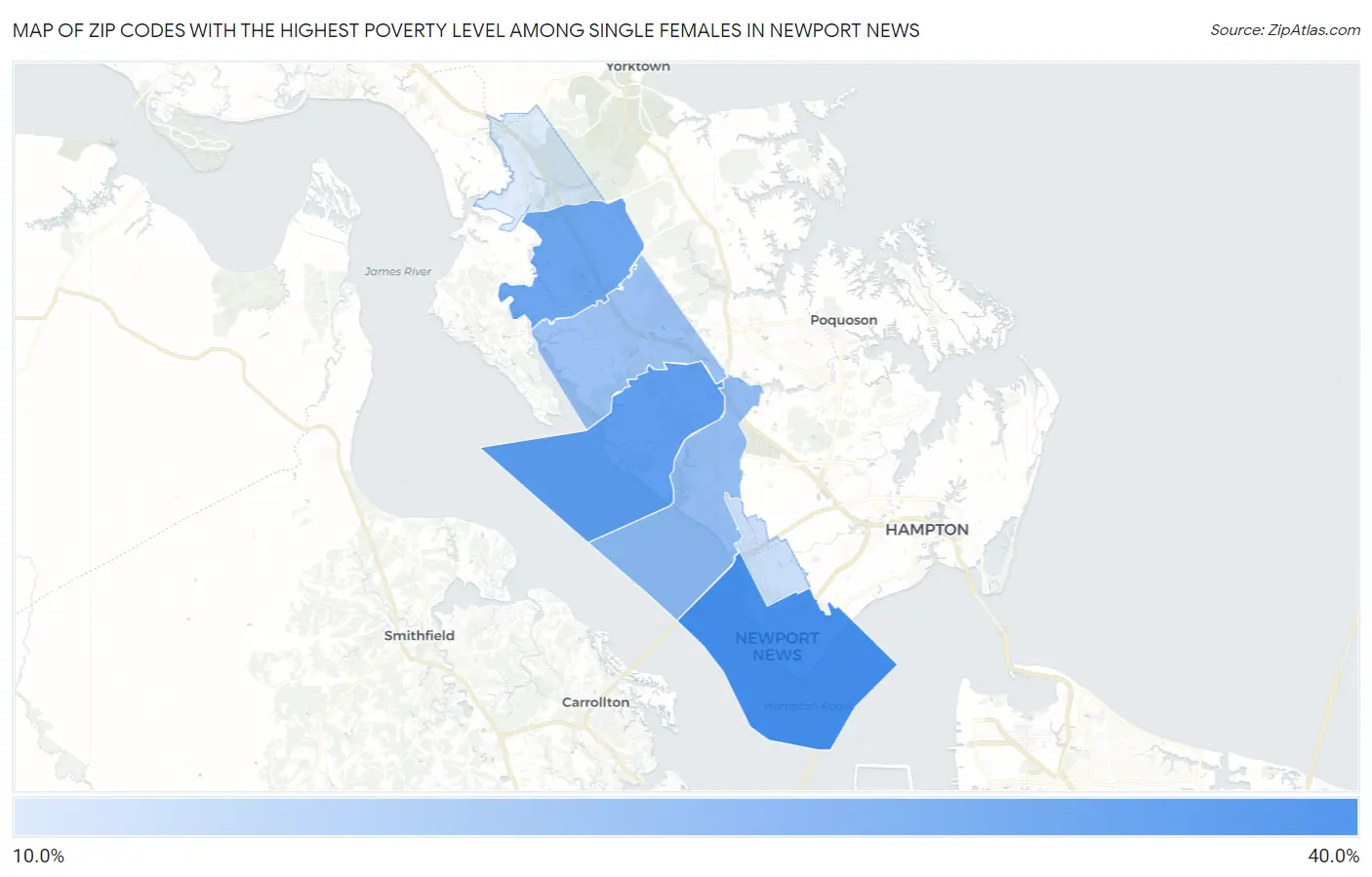 Zip Codes with the Highest Poverty Level Among Single Females in Newport News Map