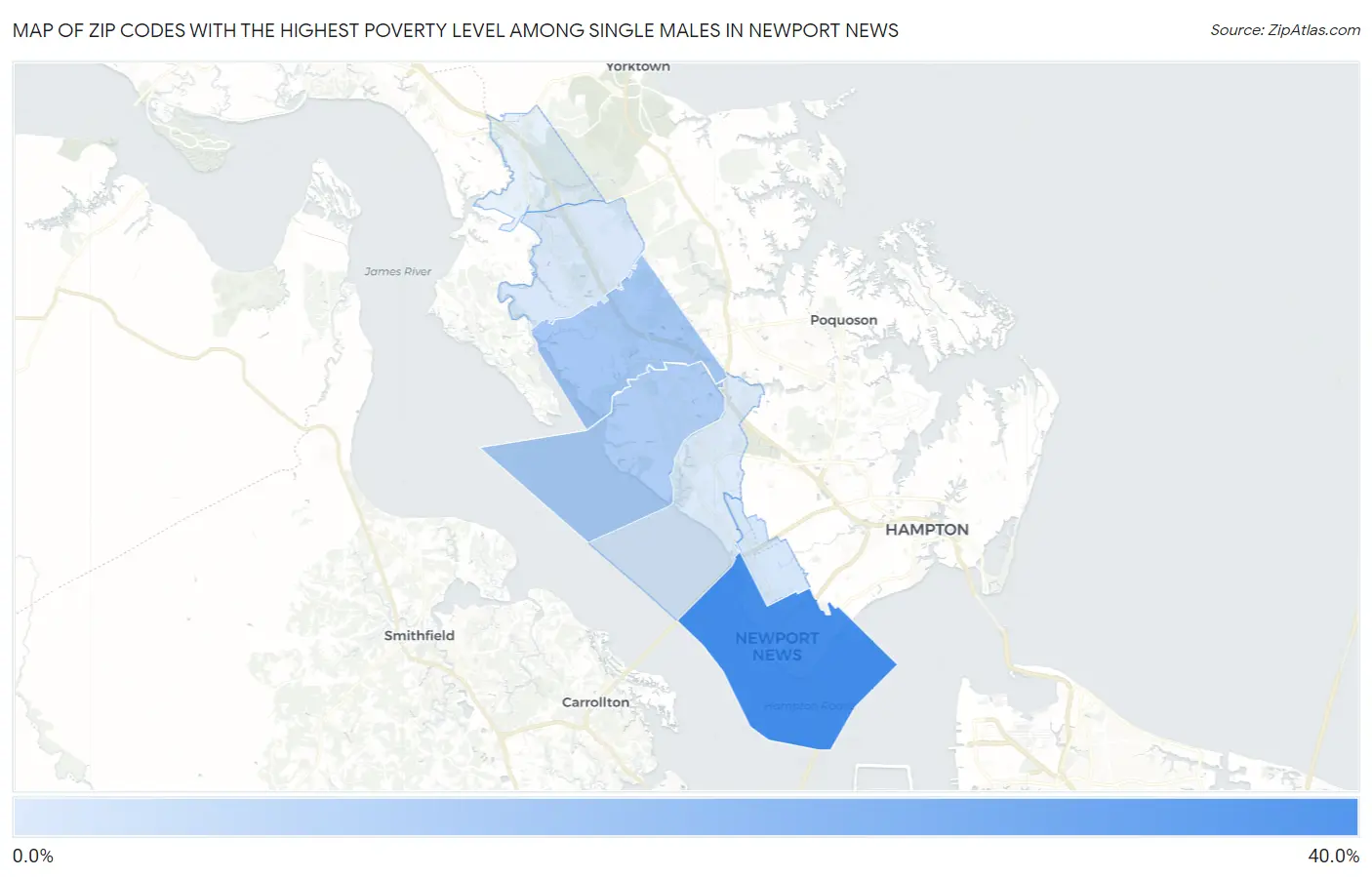 Zip Codes with the Highest Poverty Level Among Single Males in Newport News Map