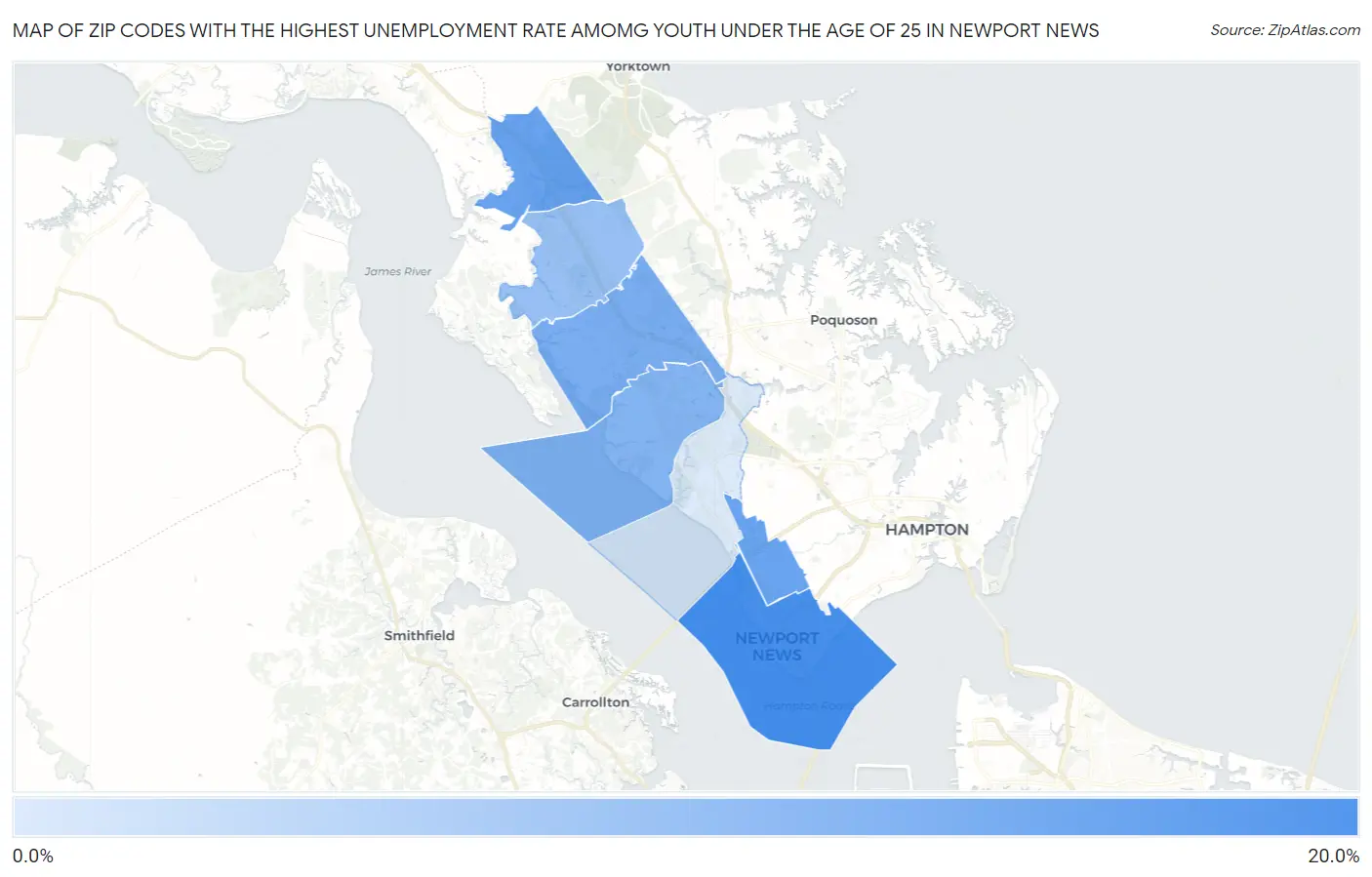 Zip Codes with the Highest Unemployment Rate Amomg Youth Under the Age of 25 in Newport News Map
