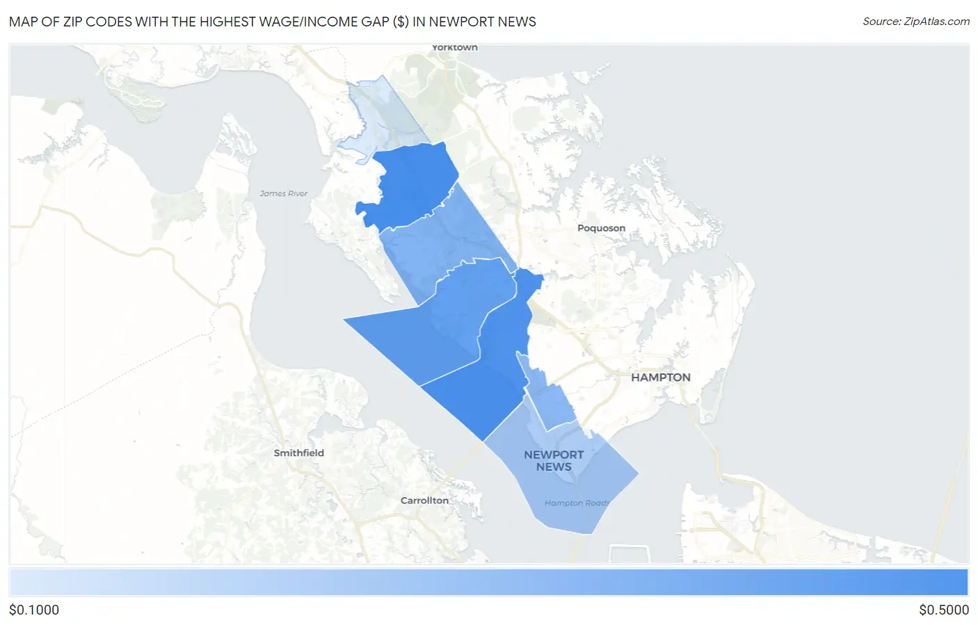 Zip Codes with the Highest Wage/Income Gap ($) in Newport News Map