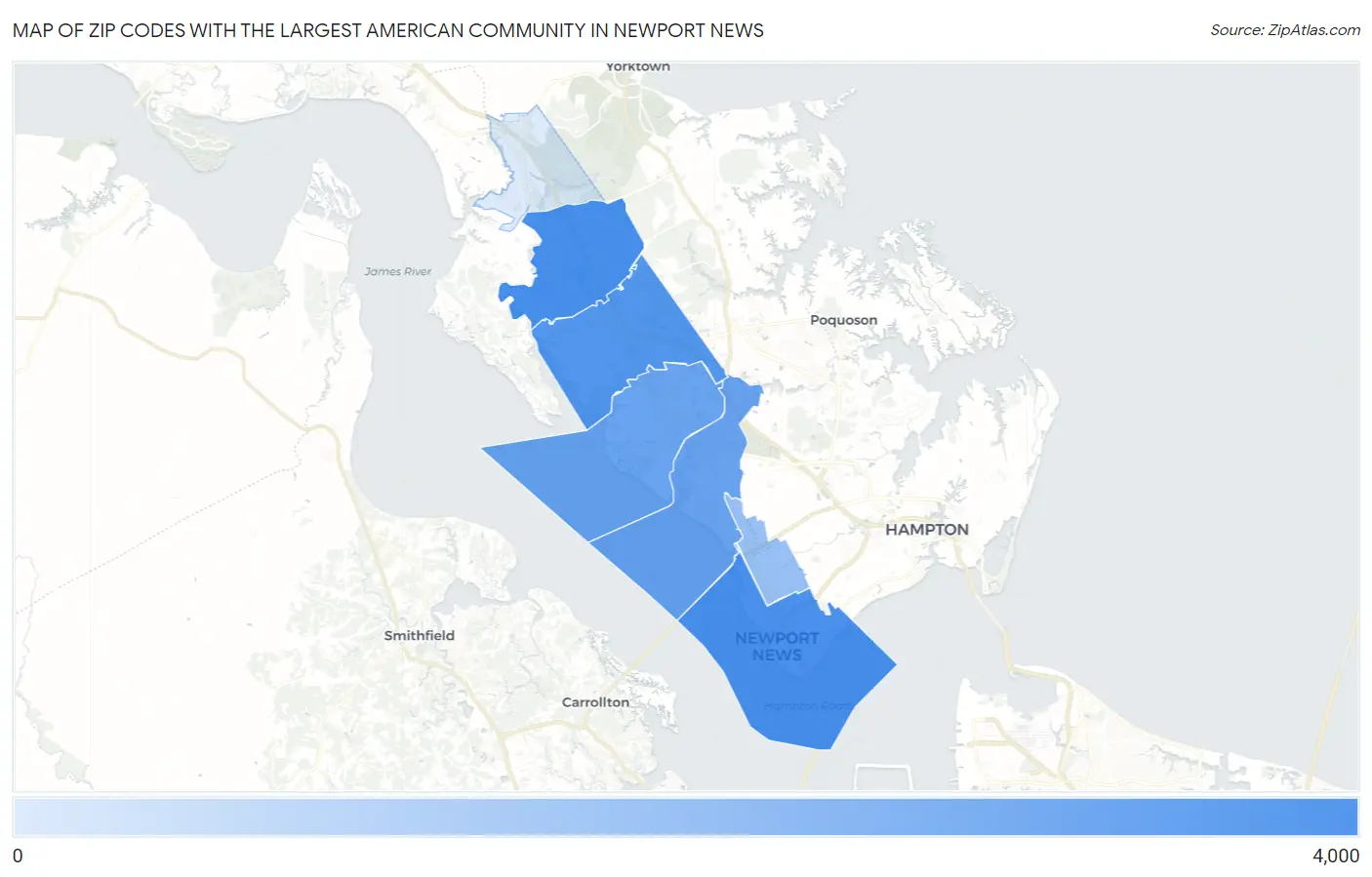 Zip Codes with the Largest American Community in Newport News Map
