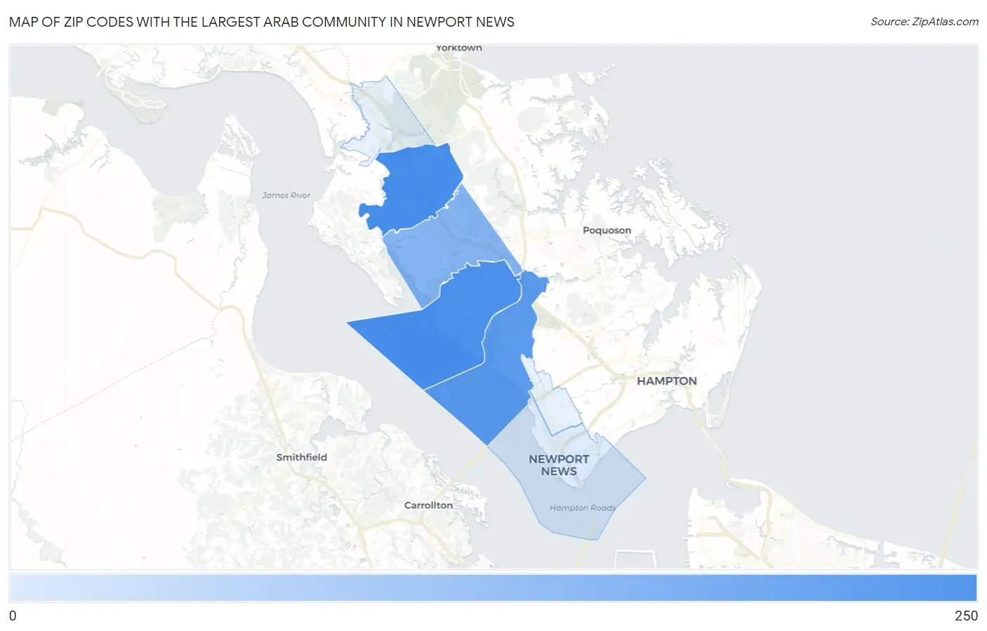Zip Codes with the Largest Arab Community in Newport News Map