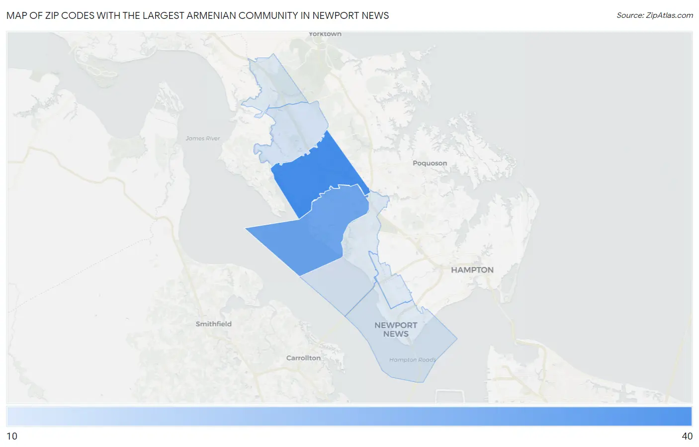 Zip Codes with the Largest Armenian Community in Newport News Map