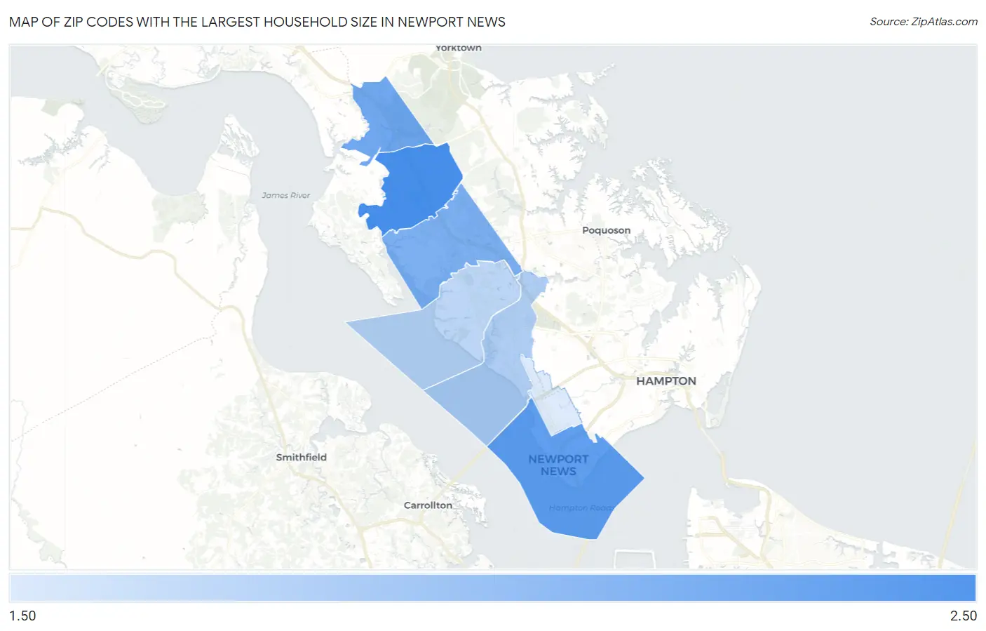 Zip Codes with the Largest Household Size in Newport News Map