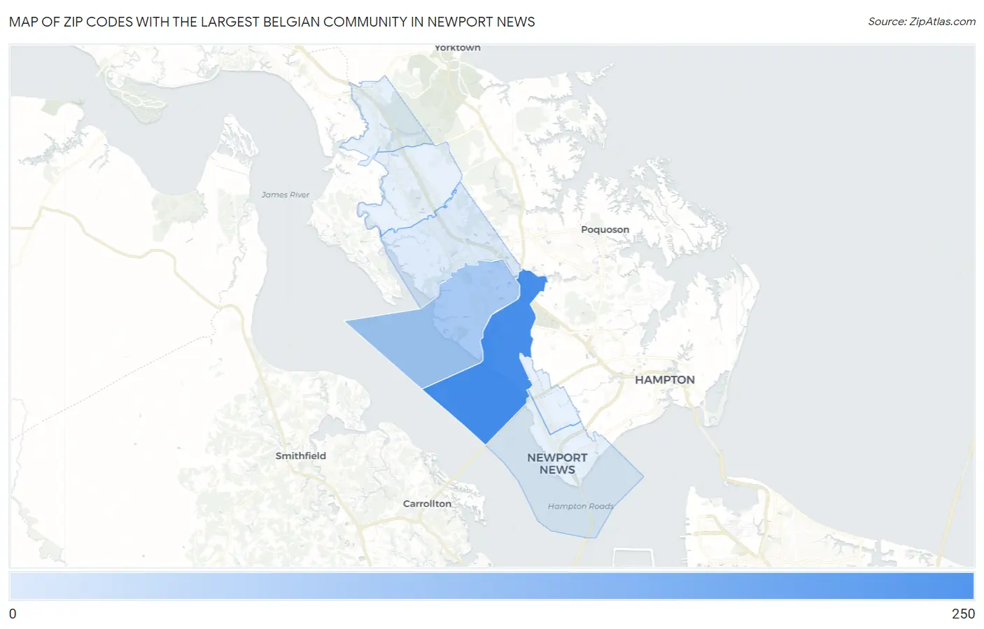 Zip Codes with the Largest Belgian Community in Newport News Map