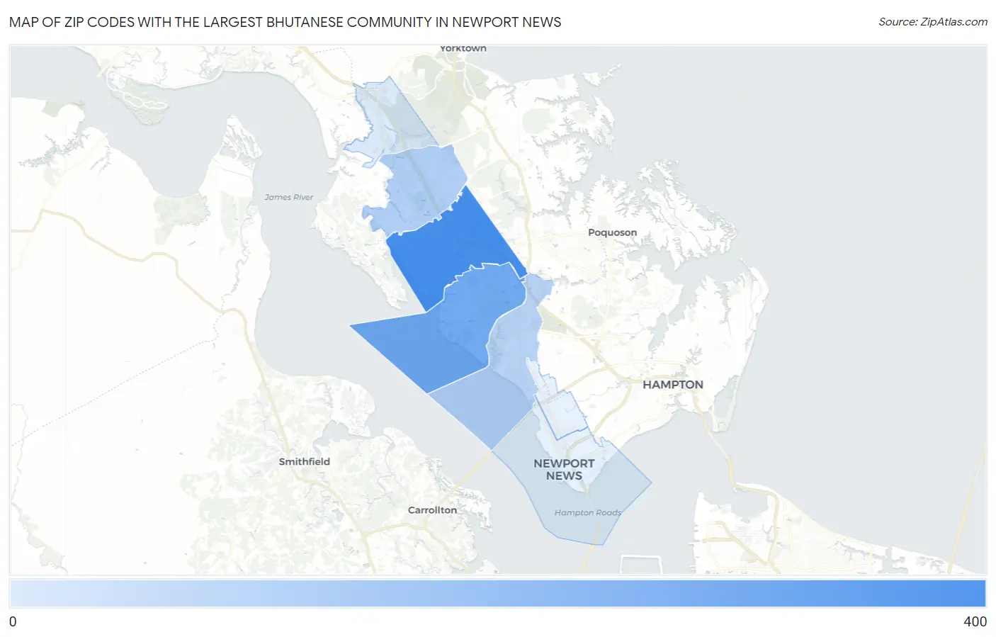 Zip Codes with the Largest Bhutanese Community in Newport News Map