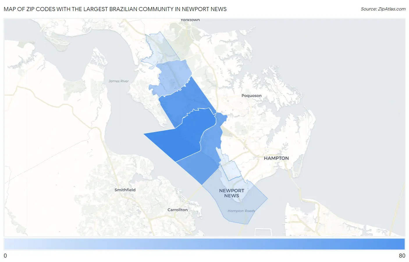 Zip Codes with the Largest Brazilian Community in Newport News Map