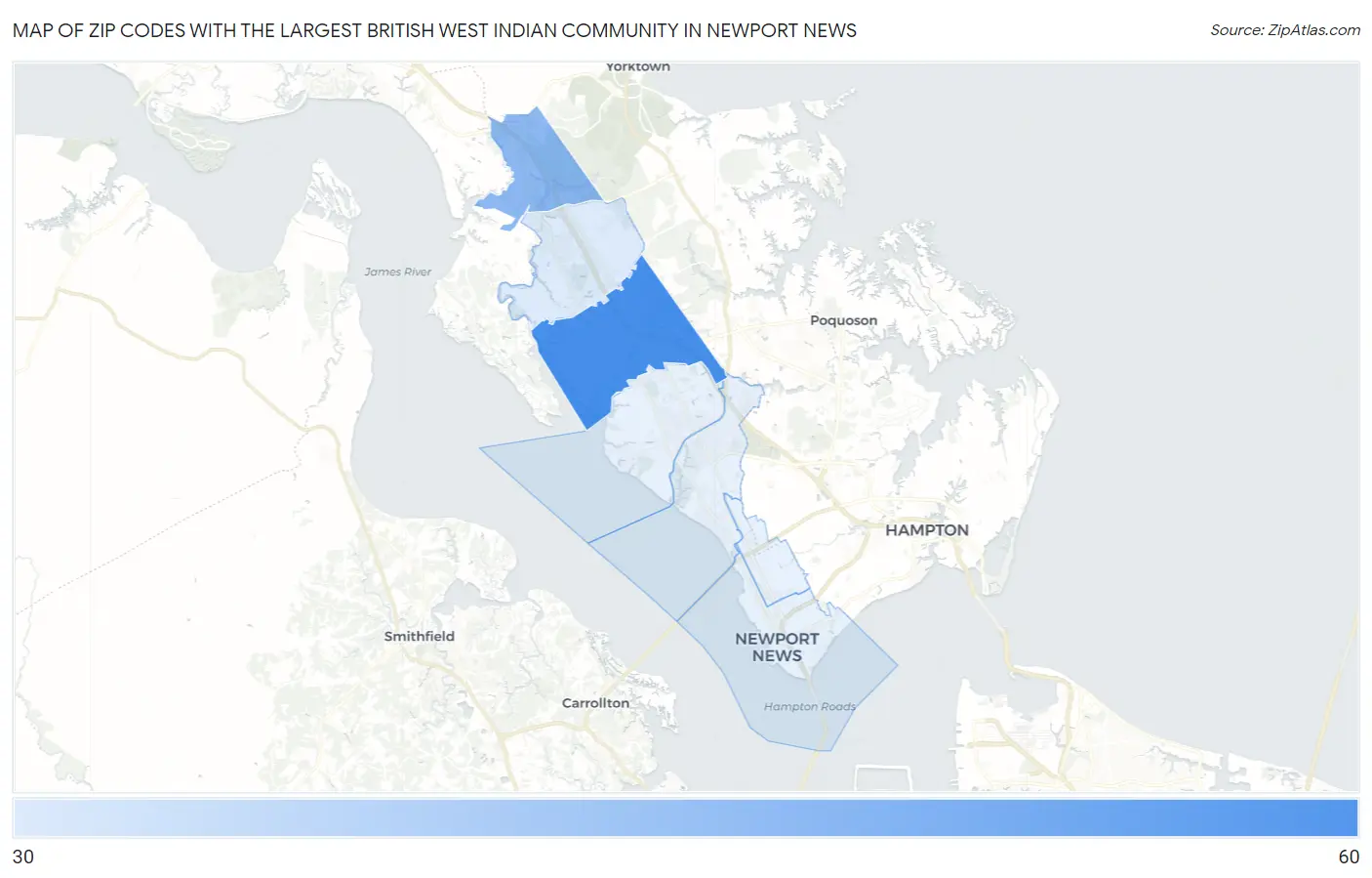 Zip Codes with the Largest British West Indian Community in Newport News Map