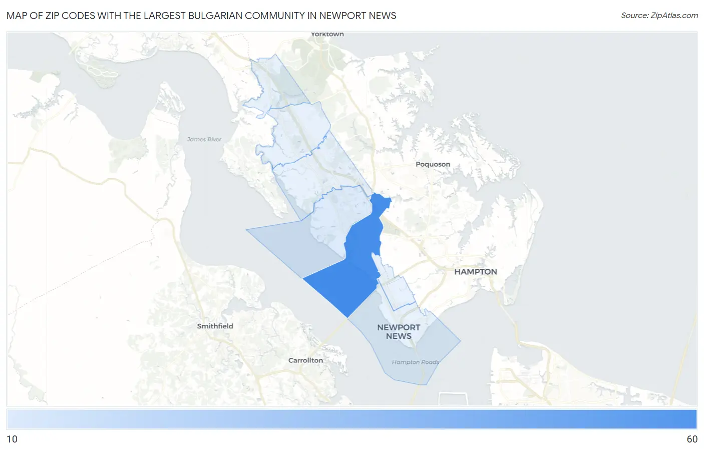 Zip Codes with the Largest Bulgarian Community in Newport News Map