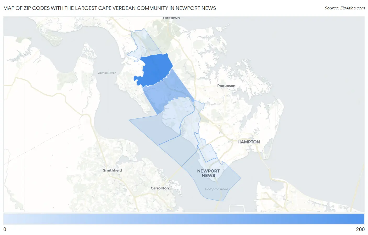 Zip Codes with the Largest Cape Verdean Community in Newport News Map