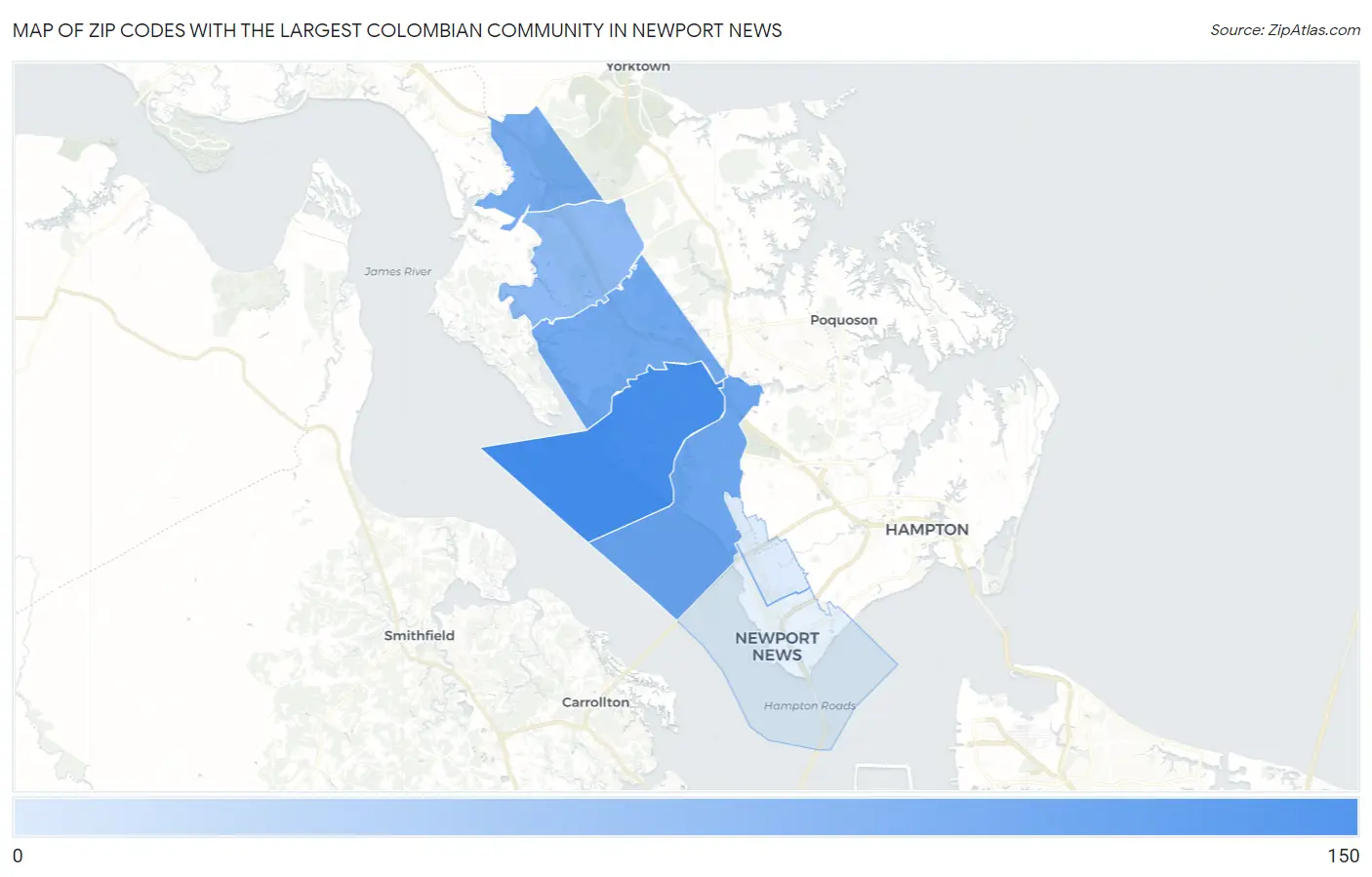 Zip Codes with the Largest Colombian Community in Newport News Map
