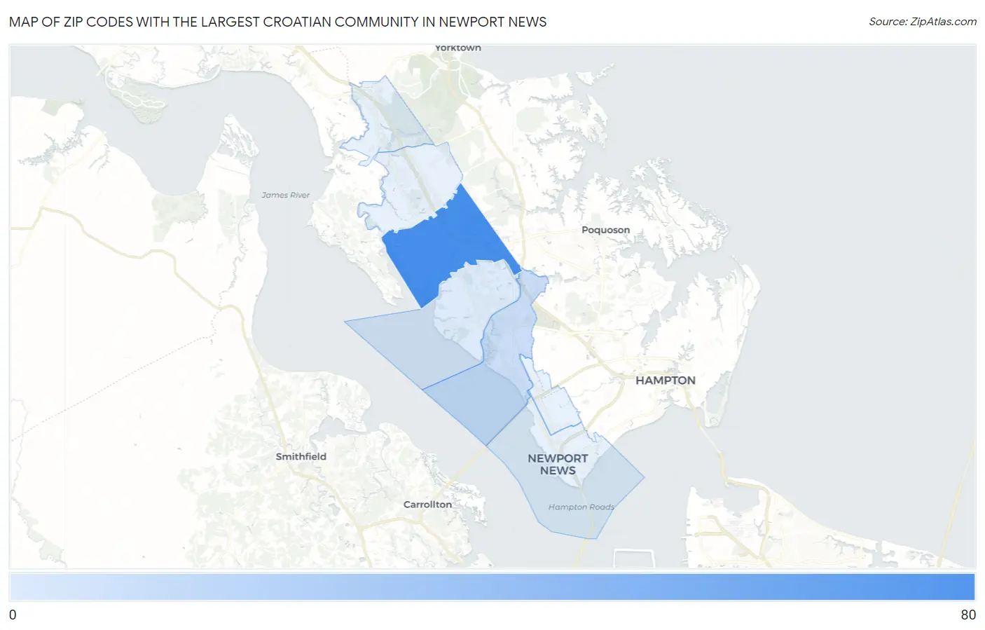 Zip Codes with the Largest Croatian Community in Newport News Map