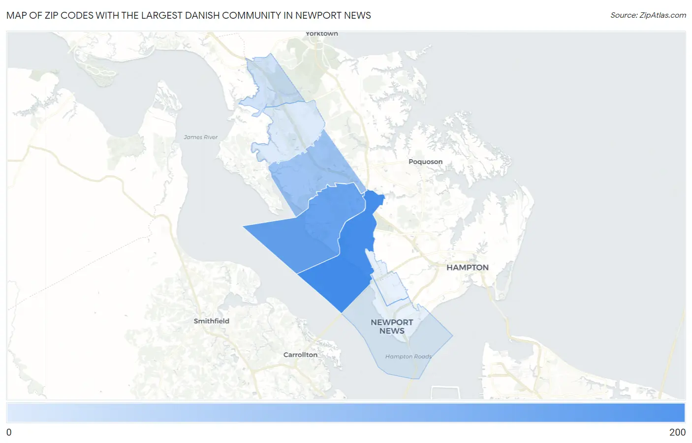 Zip Codes with the Largest Danish Community in Newport News Map