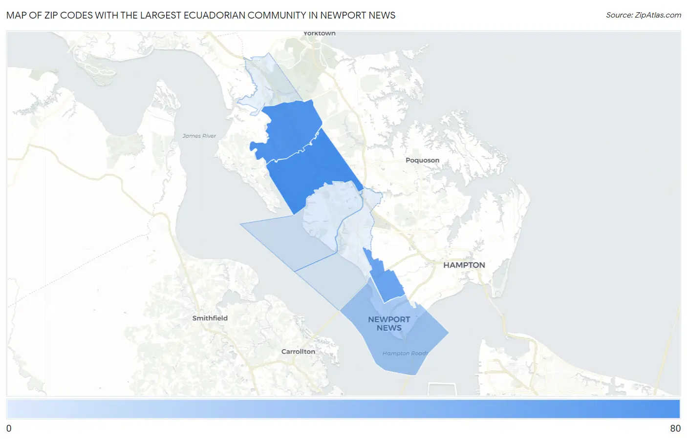 Zip Codes with the Largest Ecuadorian Community in Newport News Map