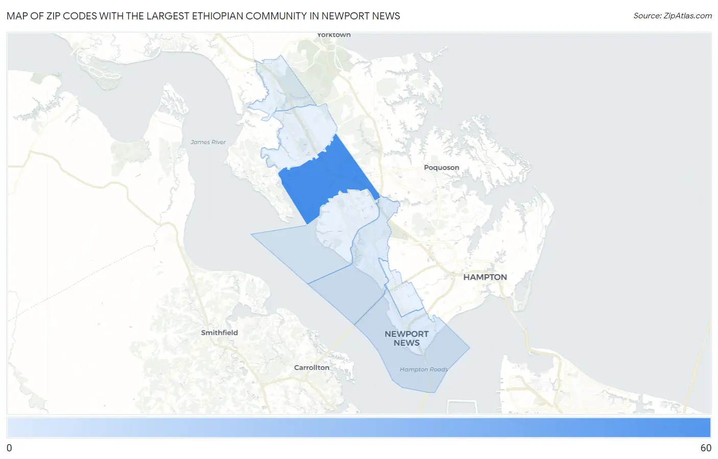 Zip Codes with the Largest Ethiopian Community in Newport News Map