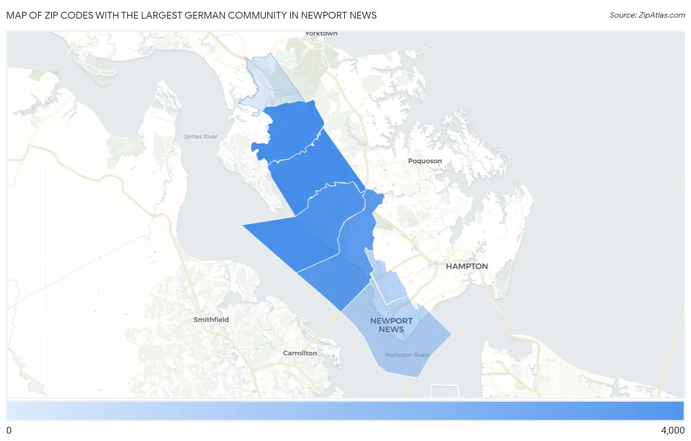 Zip Codes with the Largest German Community in Newport News Map