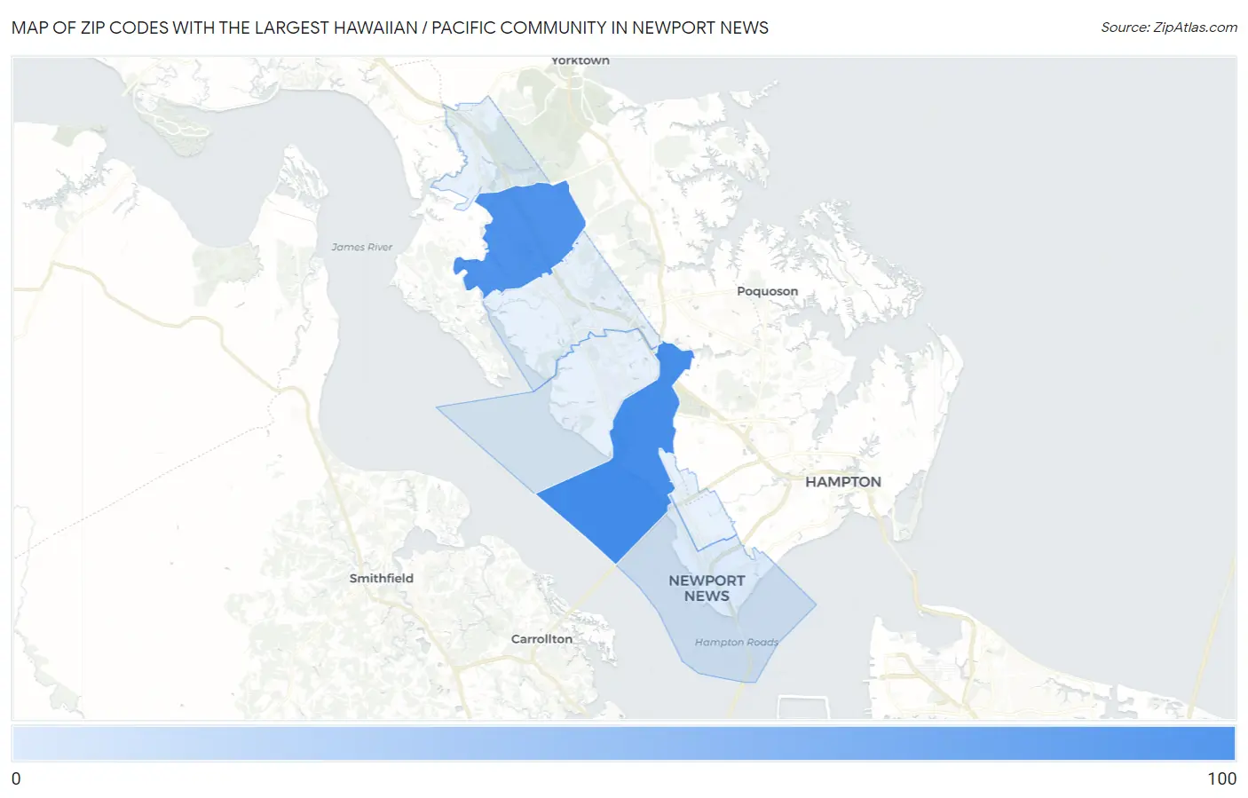 Zip Codes with the Largest Hawaiian / Pacific Community in Newport News Map