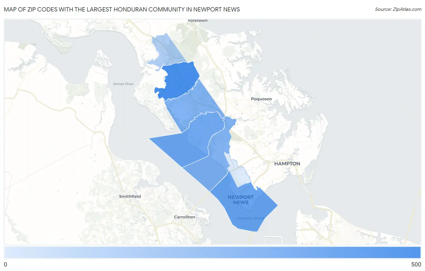 Zip Codes with the Largest Honduran Community in Newport News Map