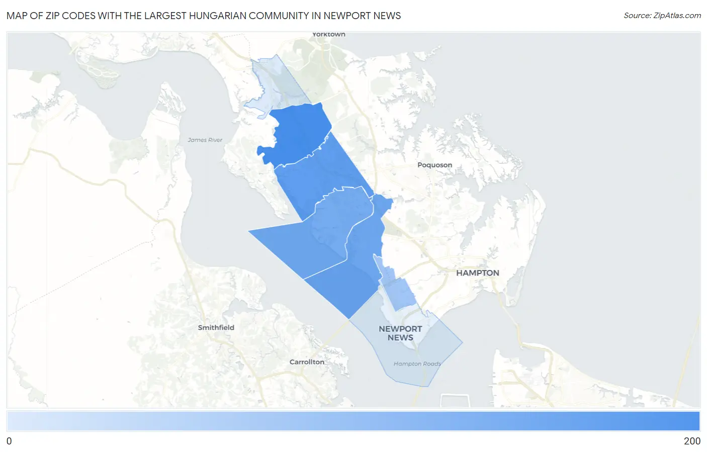 Zip Codes with the Largest Hungarian Community in Newport News Map