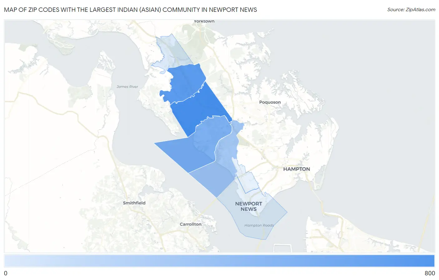 Zip Codes with the Largest Indian (Asian) Community in Newport News Map