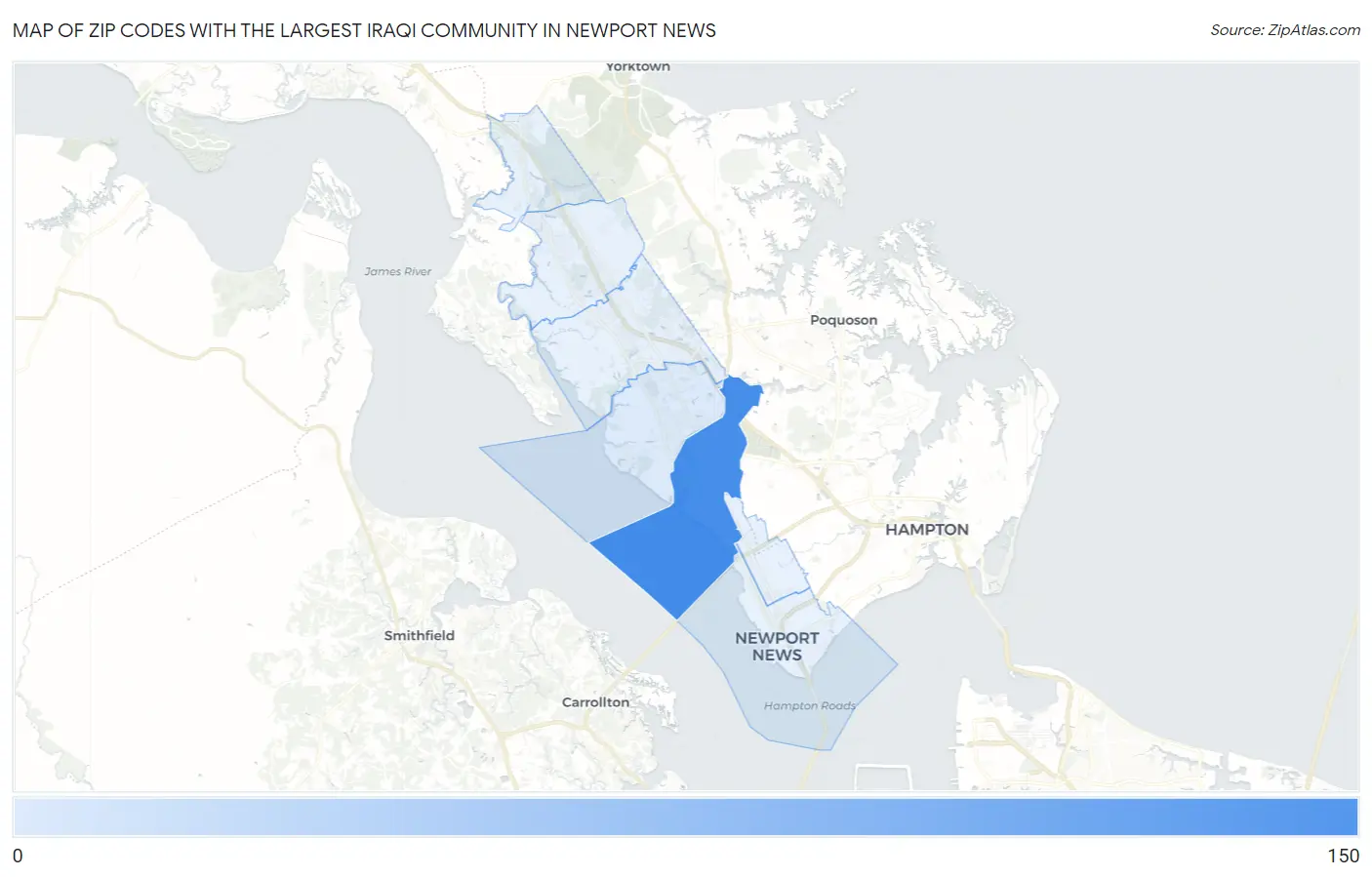Zip Codes with the Largest Iraqi Community in Newport News Map