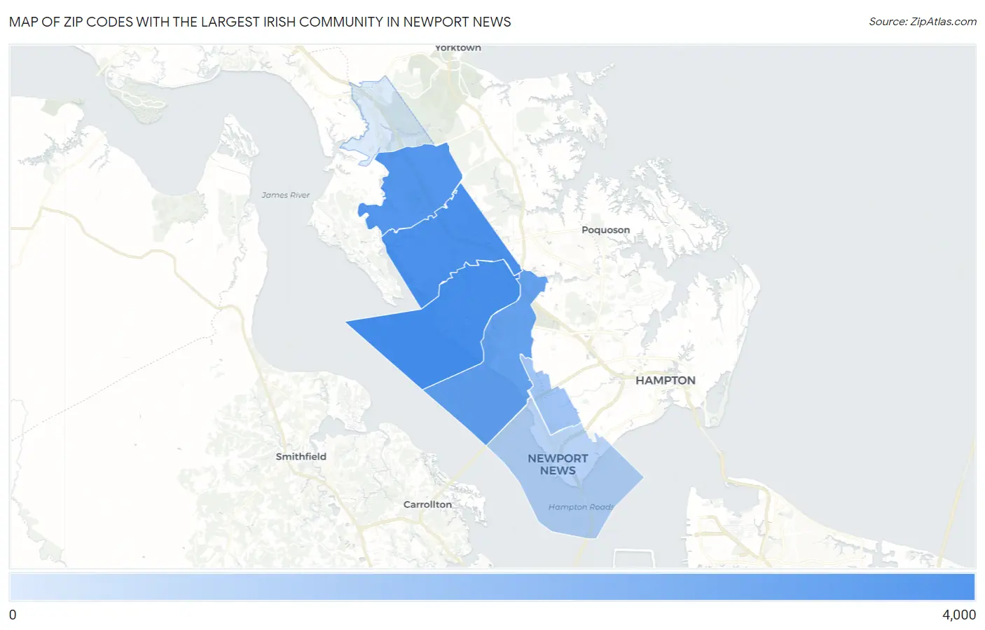 Zip Codes with the Largest Irish Community in Newport News Map