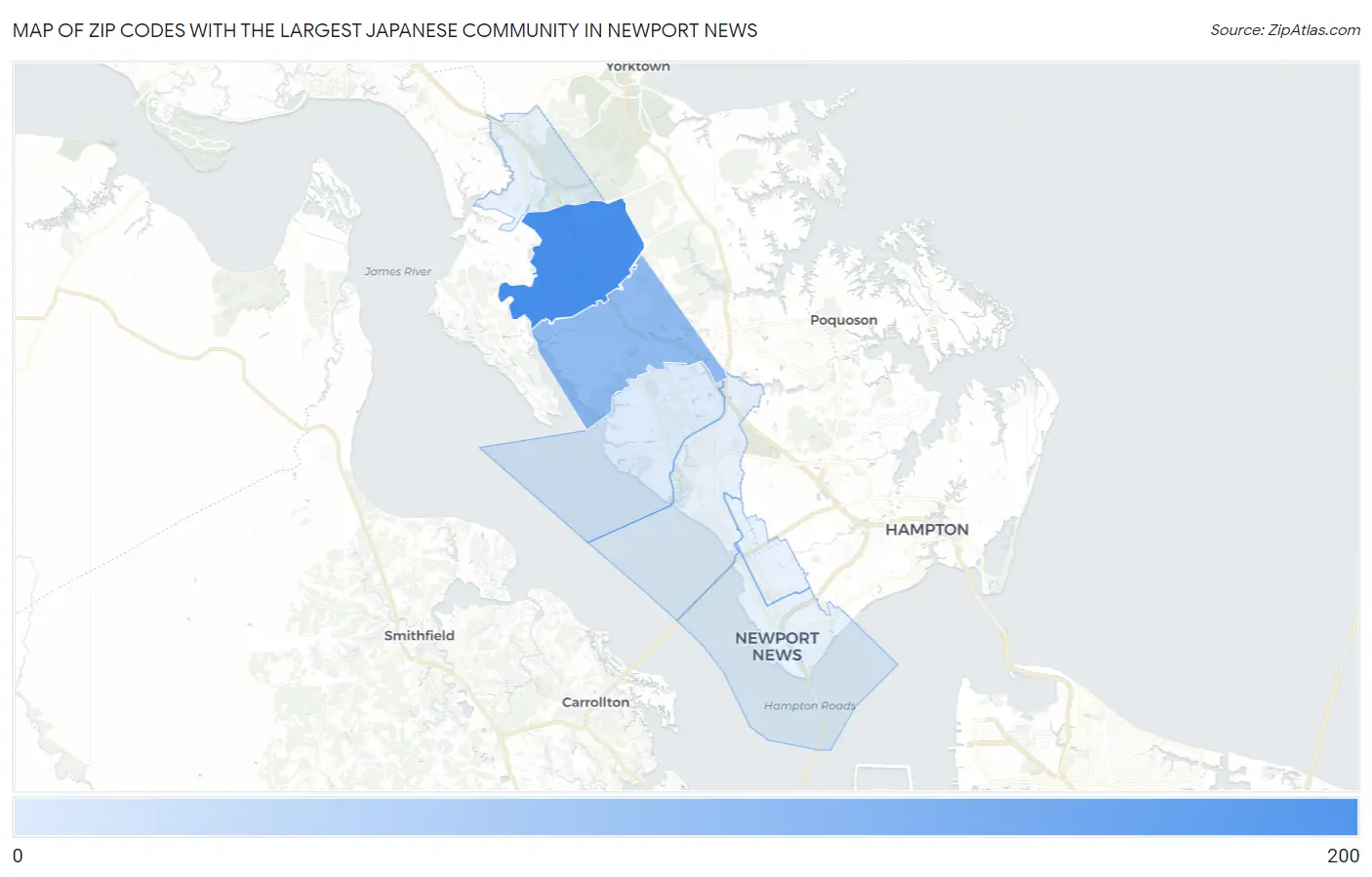 Zip Codes with the Largest Japanese Community in Newport News Map
