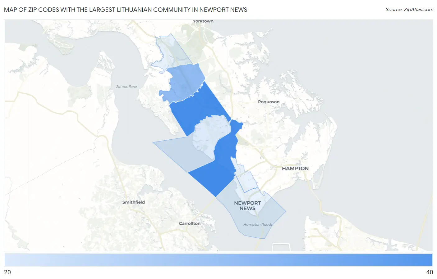 Zip Codes with the Largest Lithuanian Community in Newport News Map
