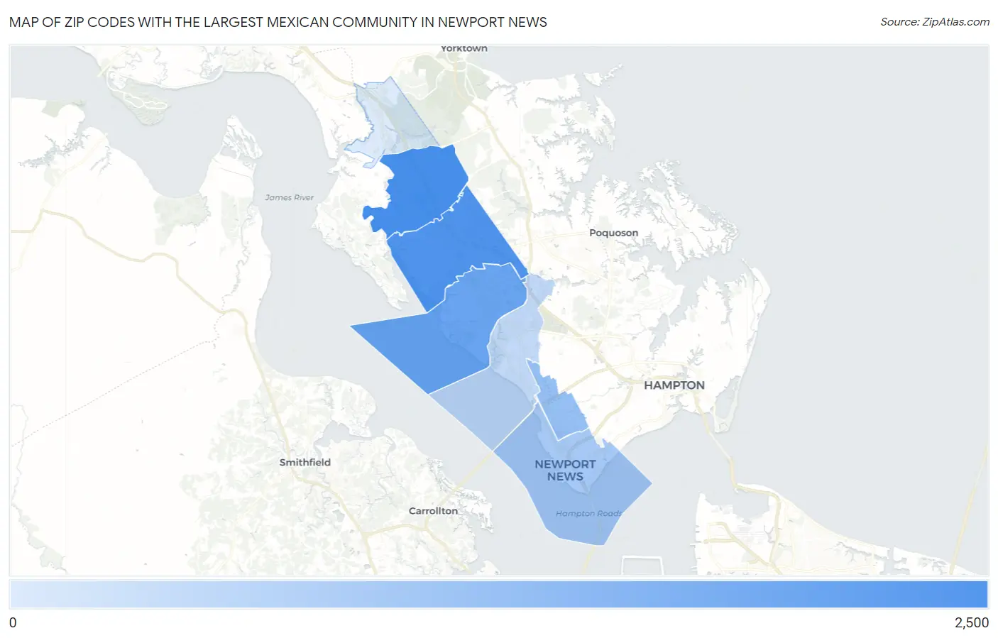 Zip Codes with the Largest Mexican Community in Newport News Map