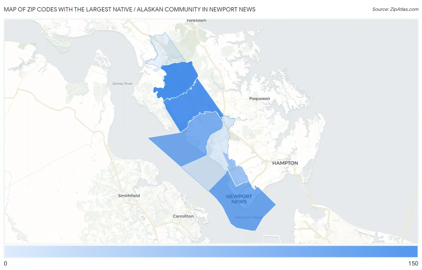 Zip Codes with the Largest Native / Alaskan Community in Newport News Map