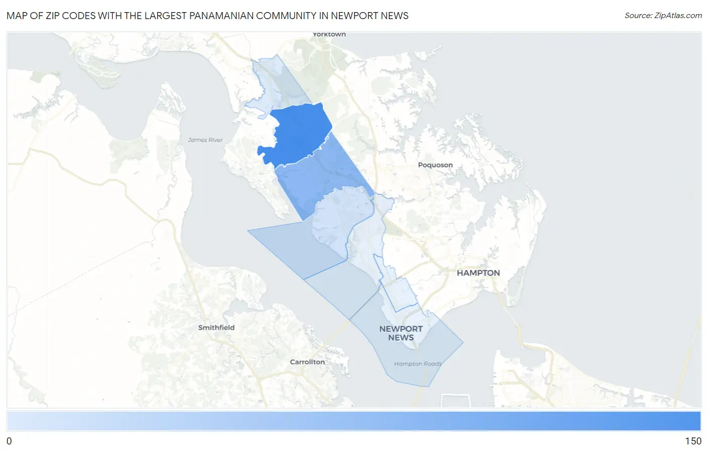 Zip Codes with the Largest Panamanian Community in Newport News Map