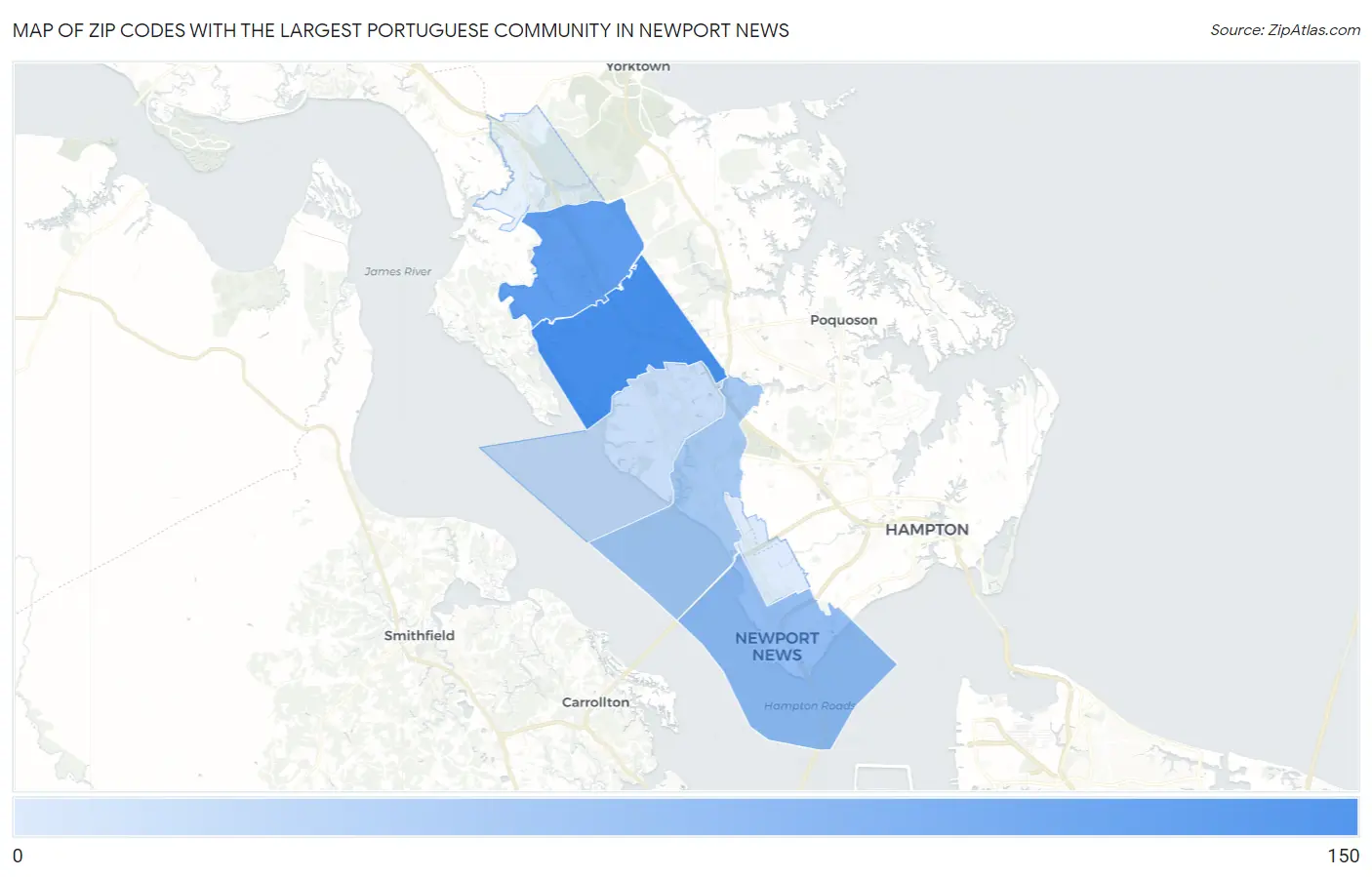 Zip Codes with the Largest Portuguese Community in Newport News Map