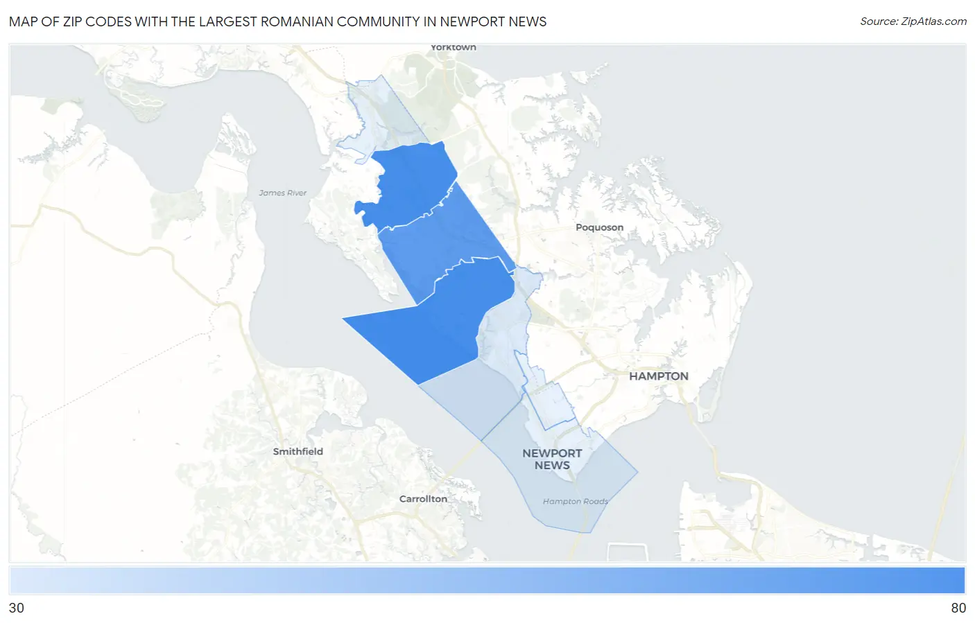 Zip Codes with the Largest Romanian Community in Newport News Map
