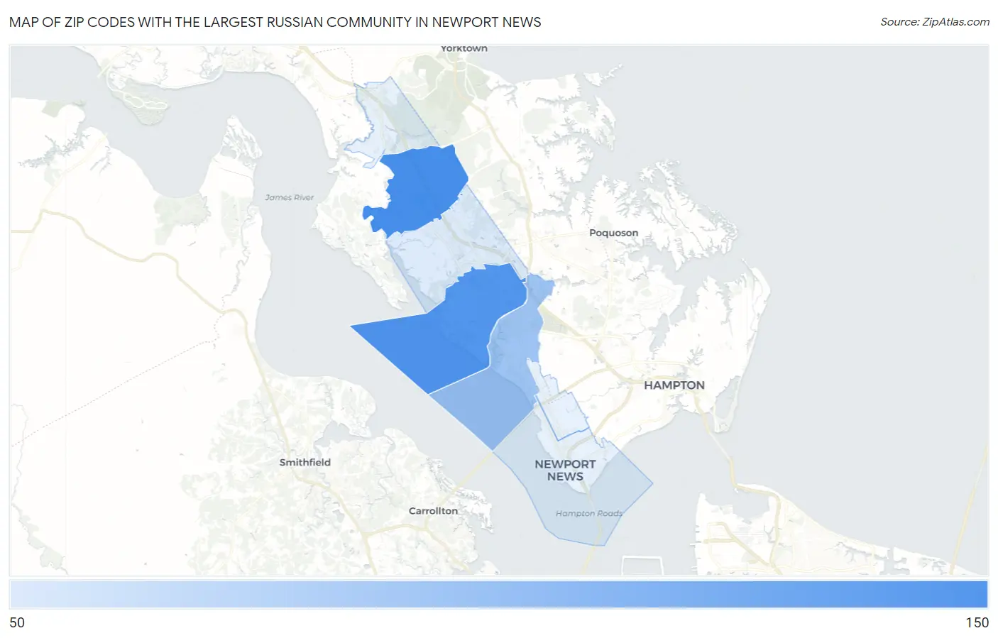 Zip Codes with the Largest Russian Community in Newport News Map