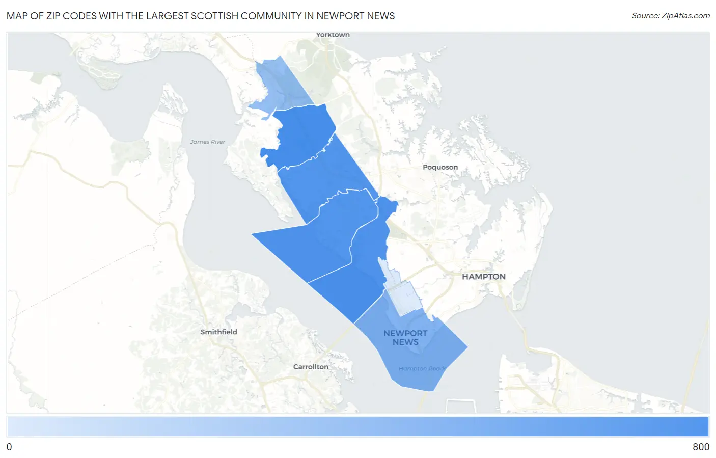 Zip Codes with the Largest Scottish Community in Newport News Map