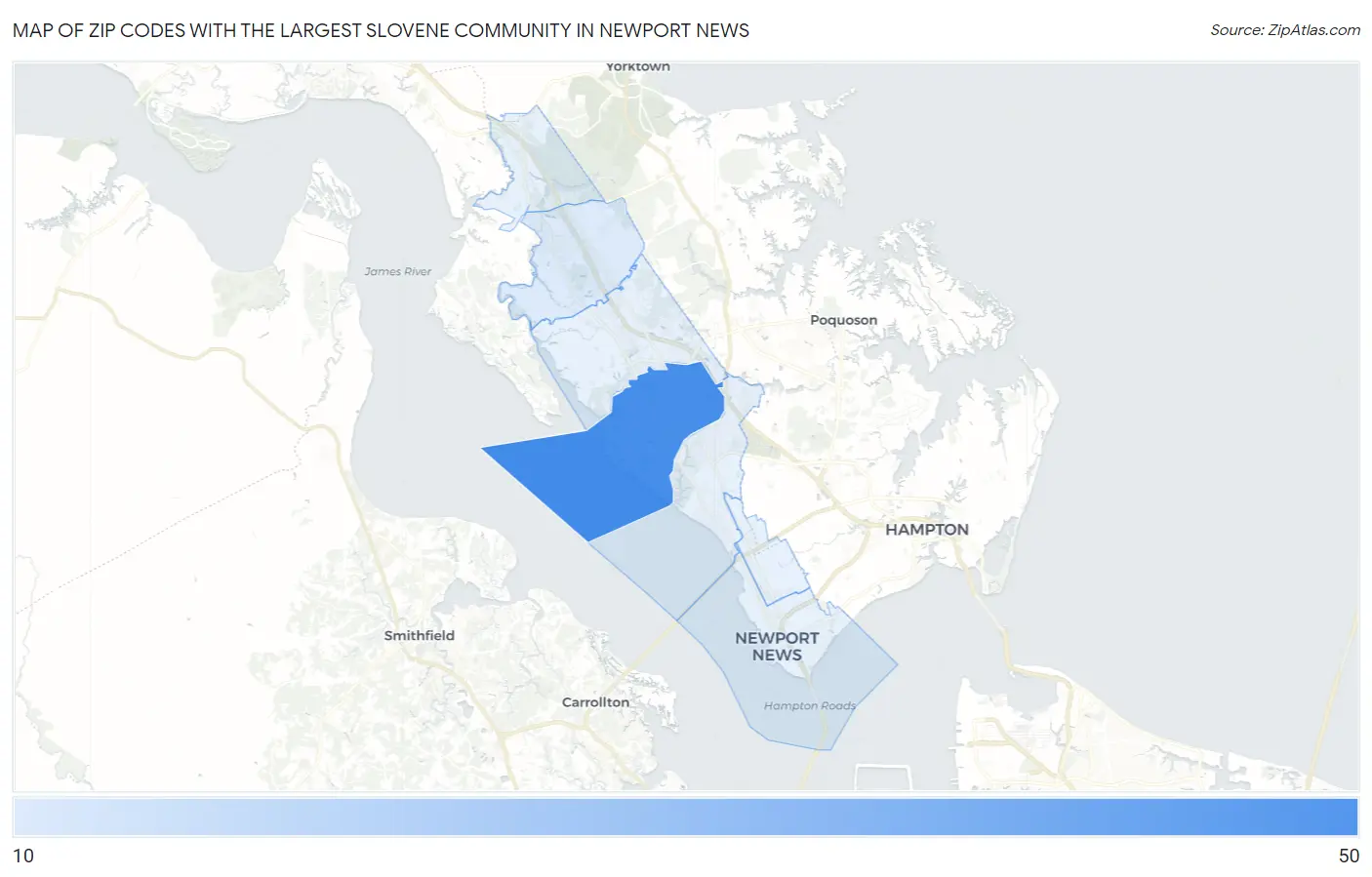 Zip Codes with the Largest Slovene Community in Newport News Map