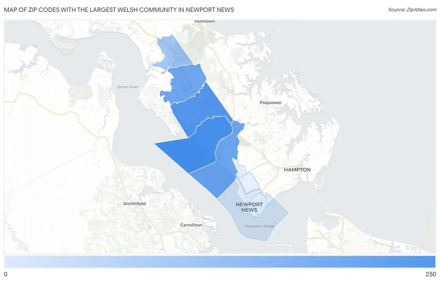 Zip Codes with the Largest Welsh Community in Newport News Map