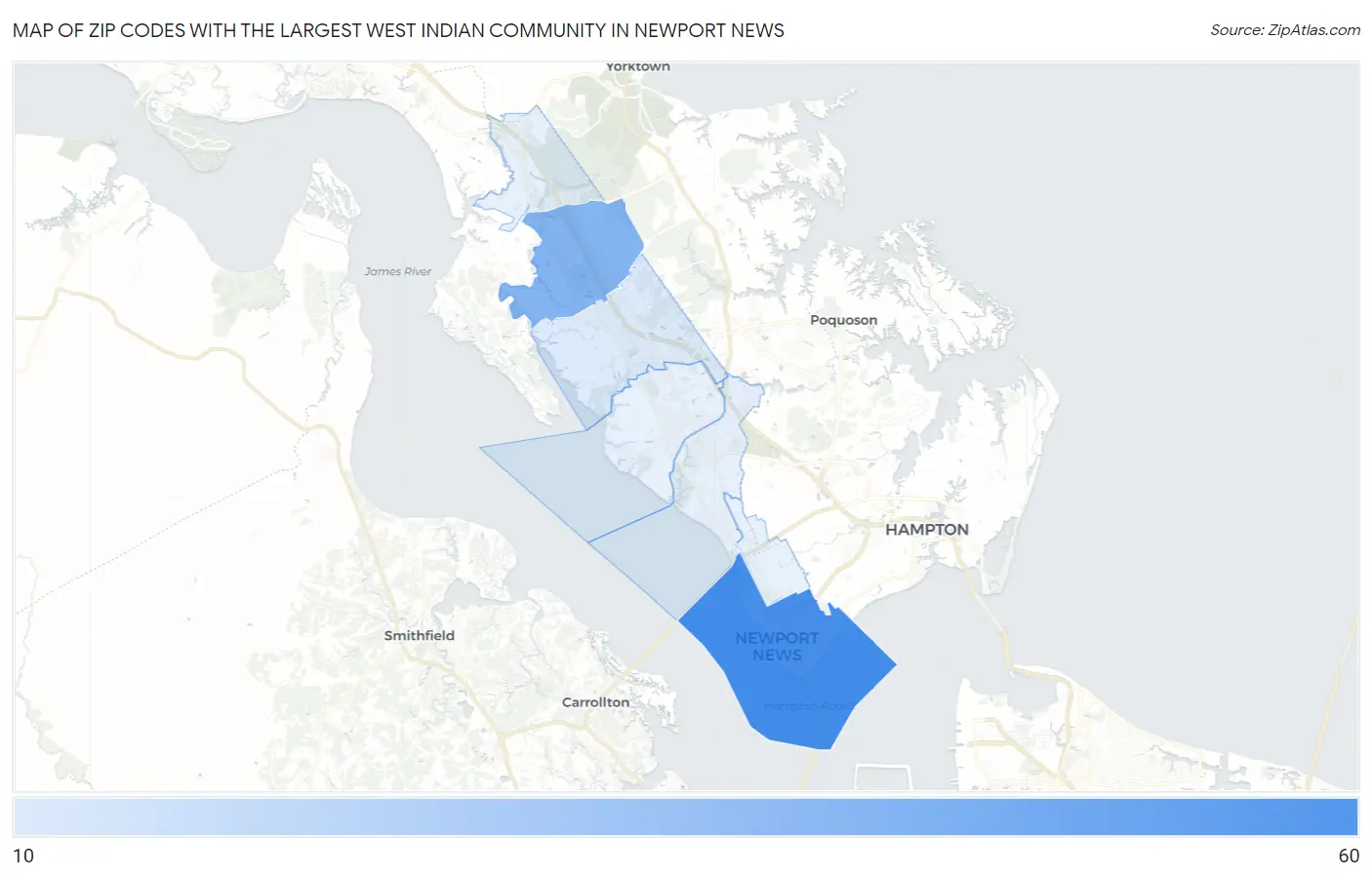 Zip Codes with the Largest West Indian Community in Newport News Map