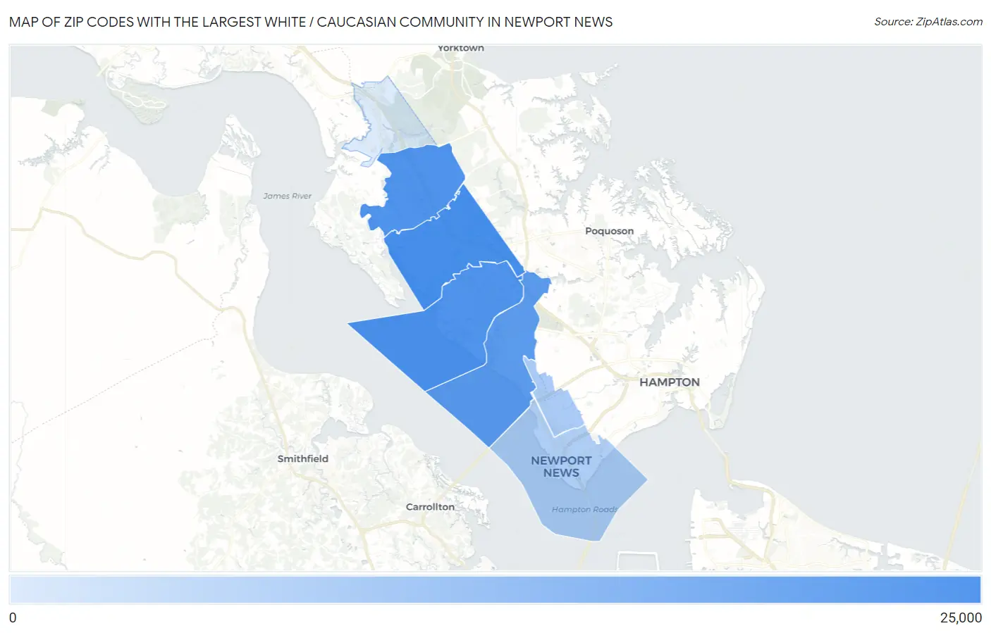 Zip Codes with the Largest White / Caucasian Community in Newport News Map