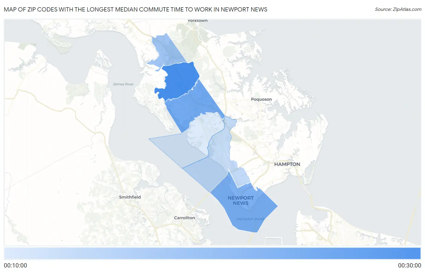 Zip Codes with the Longest Median Commute Time to Work in Newport News Map