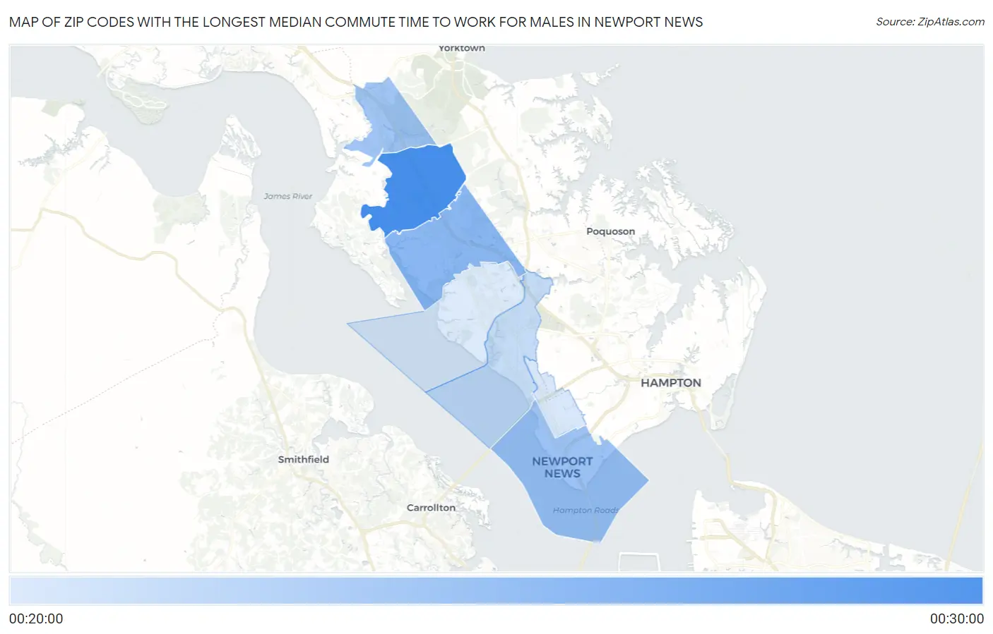 Zip Codes with the Longest Median Commute Time to Work for Males in Newport News Map